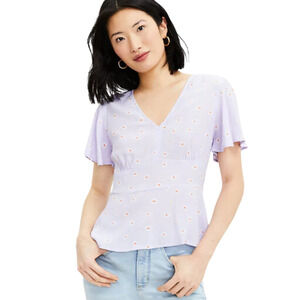 LOFT Daisy Print Flutter Short Sleeve V-Neck Top Light Purple Women's 10
